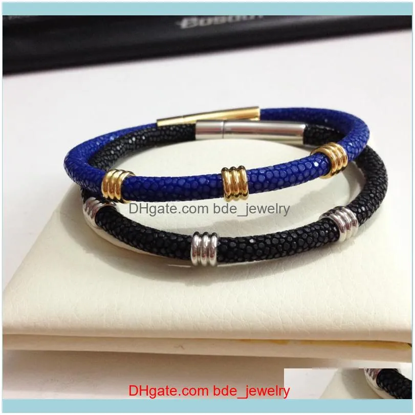 Charm Bracelets Men 5MM Genuine Blue Stingray Leather Rose Gold Round Stainless Steel Circle Bracelet Bangle