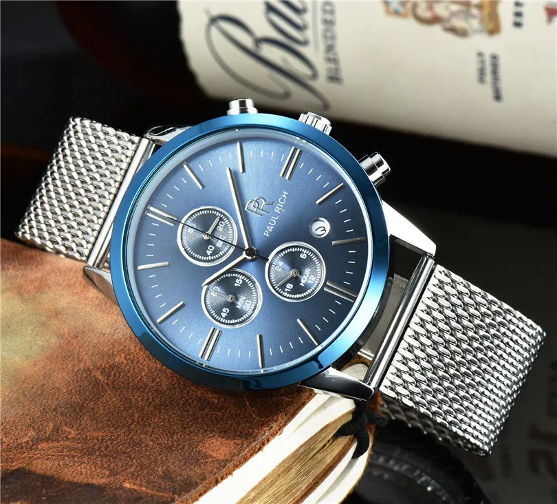 AAA big brand designer men`s casual watch stainless steel quartz multi-time zone automatic calendar mesh belt men`