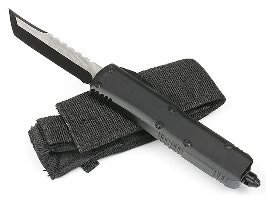 Till salu! Automatisk taktisk kniv D2 Svart Oxid + Trådritning (tvåton) Bladflygning Aluminiumhandtag EDC Pocket Knivar med nylonpåse
