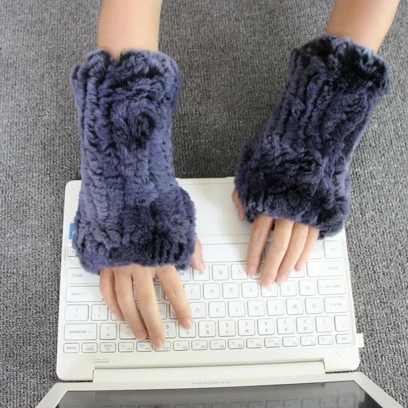 Fingerless Gloves Harppihop*2021 Women's 100% Real Genuine Knitted Rex Fur Winter Mittens Arm Sleeve