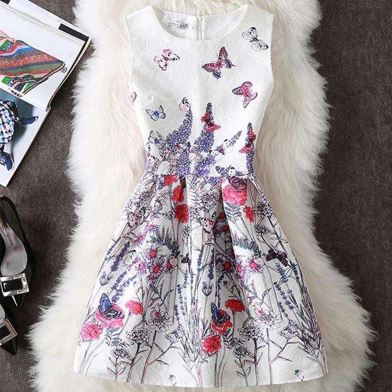 Casual Dresses Womens Summer Women Ärmlös A-Line Mini Dress Fashion Jacquard Butterfly Blommor Skriv ut Vintage Elegant Slim