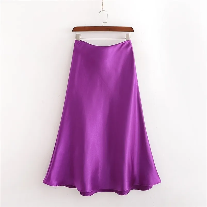 women summer silk satin casual purple soft long skirts female chic high waist mermaid skirt faldas mujer moda 210621