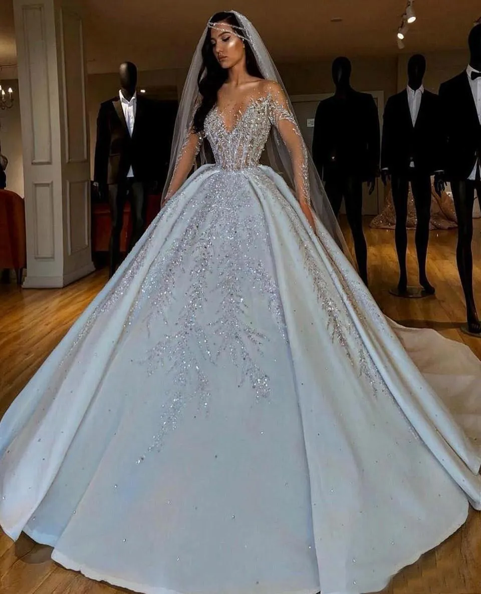 Ball Gown Wedding Dress with Crystals and Gold Sequin Applique, Tulle  Fabric, 3/4 Illusion Sleeves, Sweep Train from Dhgate A-Line Wedding Dresses  - price 498.8