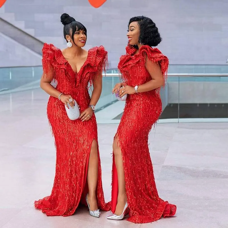 Sparkling Red Sequined Mermaid Red Sequin Formal Dress With Side Split Ruffle V Neck And Tassel Detail Perfect For Special Occasions Proms Celebrity Parties Or Special Events In 2024 From Sexybride 14...