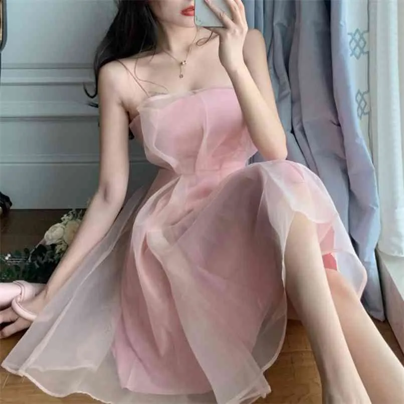 휴일 바람 스윙 짧은 솜털 메쉬 파티 드레스 여름 달콤한 핑크 하단 여성 210529