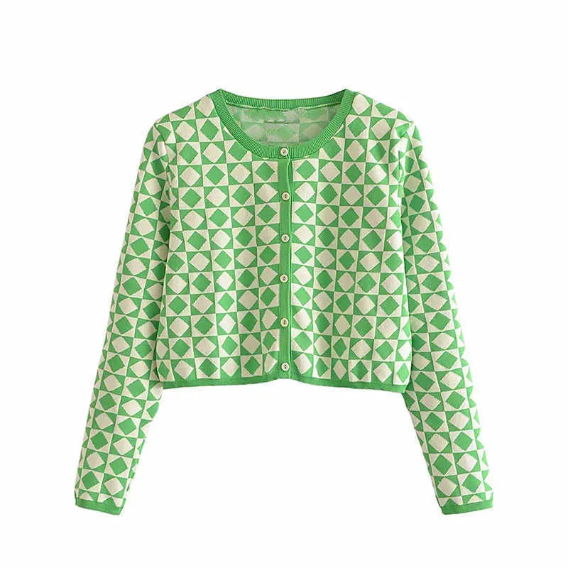 Nlzgmsj Za 2021 Autumn Sweater Women Cardigan Green Color Long Sleeve Knitted Open Switch Argyle Sweater 202107 Y0825
