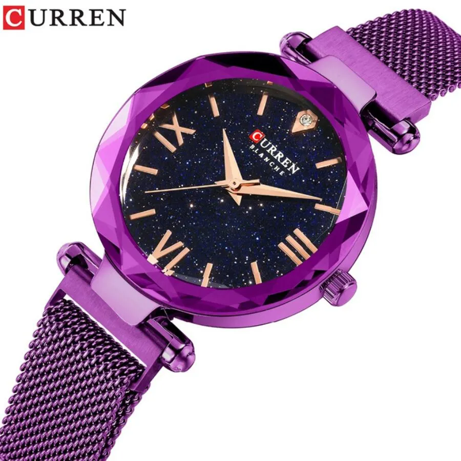 CURREN Frauen Party Uhren Mesh Damen Uhr Magnet Schnalle Sternendiamant Geometrische Oberfläche Mode Verschluss Kleid Quarz Armbanduhr Mädchen Dame Relogioes