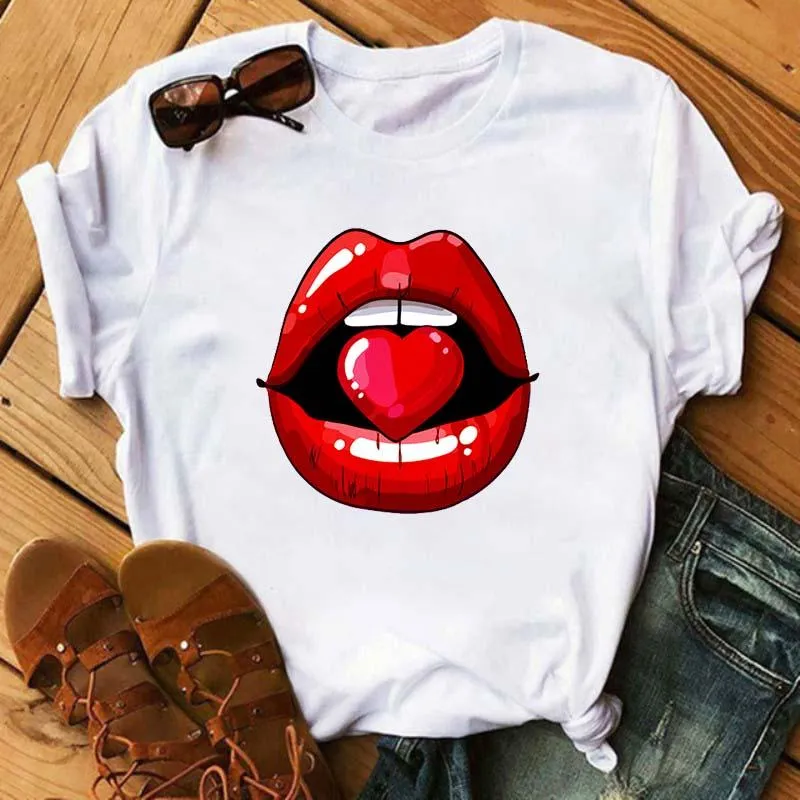 Kadın T-Shirt Kadın T Gömlek Kırmızı Dudak Ayakkabı Baskı Harajuku Eğlence Moda Estetik Tshirt Komik En Tees Kadın T-Shirt Kadın Giysileri