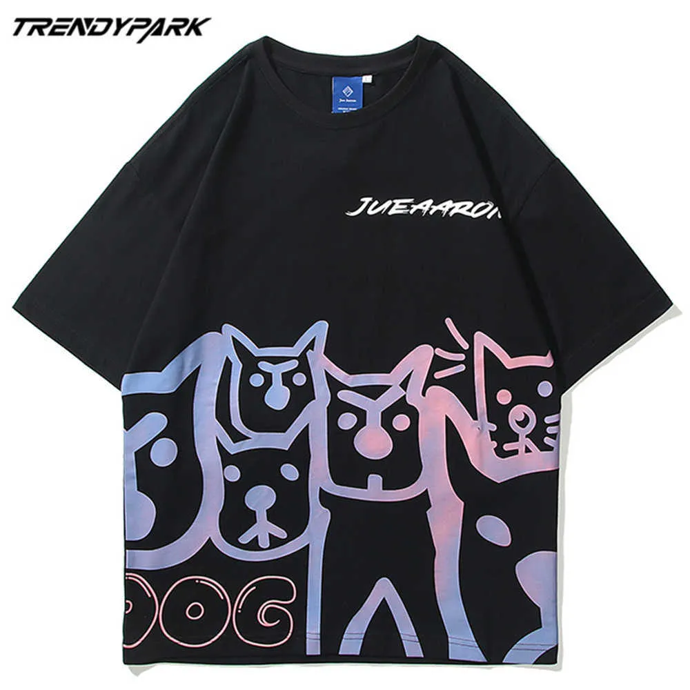 T-shirt herr sommar kortärmad Rolig reflektionshundar tryckta överdimensionerade bomull Casual harajuku streetwear Topp Tshirts 210601