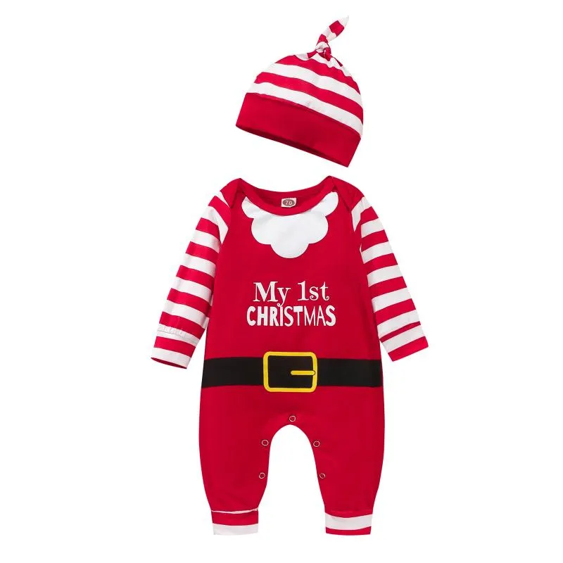 Completi di abbigliamento Born Infant Baby Boy Girl My First Christmas Outfit Maniche lunghe Pagliaccetto Tuta Cappello Set Babbo Natale Costume di Natale 0-24M