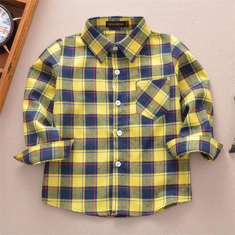 Camicia a maniche lunghe per bambini Camicie scozzesi con colletto rovesciato per ragazzi Moda 100% cotone Abbigliamento per bambini 2-12 anni 210306