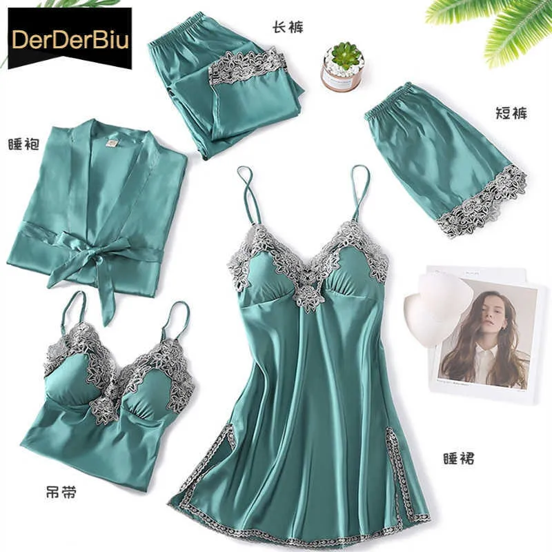 Sexy Satin Pajama 5 Five-Piece Set Spring Women Sleepwear Suit Embroidery Silk Nightgown Lace Home Clothes Large Size Pijama XXL Q0706