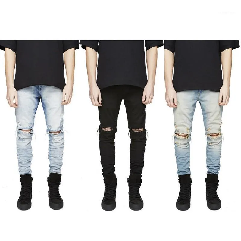 Lalapanty Men Slim Fit Ripped Jeans Hi-Street Mens Distressed Denim Joggers Knähål Tvättade förstörda byxor