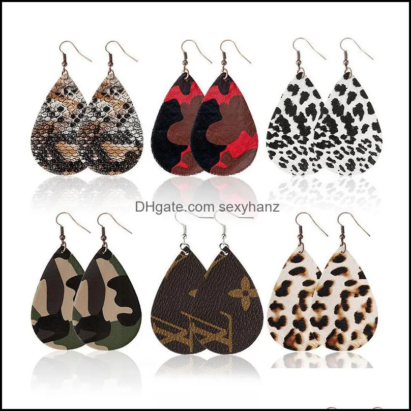 S934 Hot Fashion Jewelry Women`s PU Leather Earrings Leopard Water-drop Faux Leather Dangle Earrings