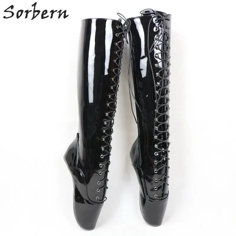 Sorbern Sexy Heelless Ballet Kvinnor Stövlar Knä High Lace Up Fetish Skor BDSM Custom Boot Axel Bredd Längd Plus Storlek 46