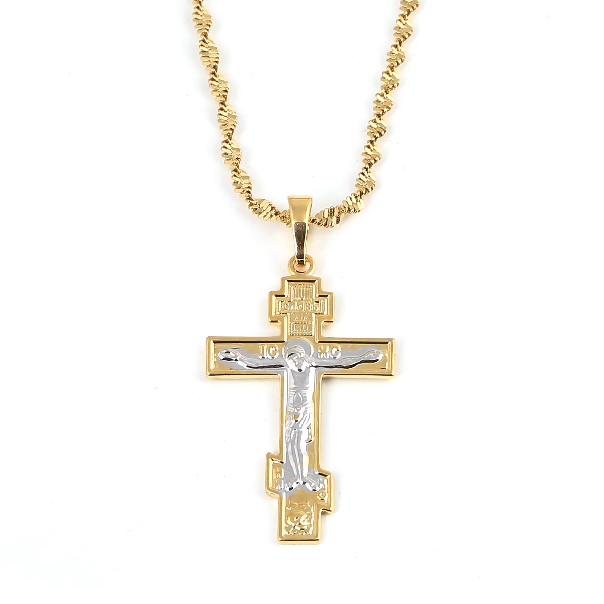 Christian Orthodox Crucifix Jesus Necklace Russian Cross Prayer Pendant Gold Color INRI Crucifix Necklaces For Men