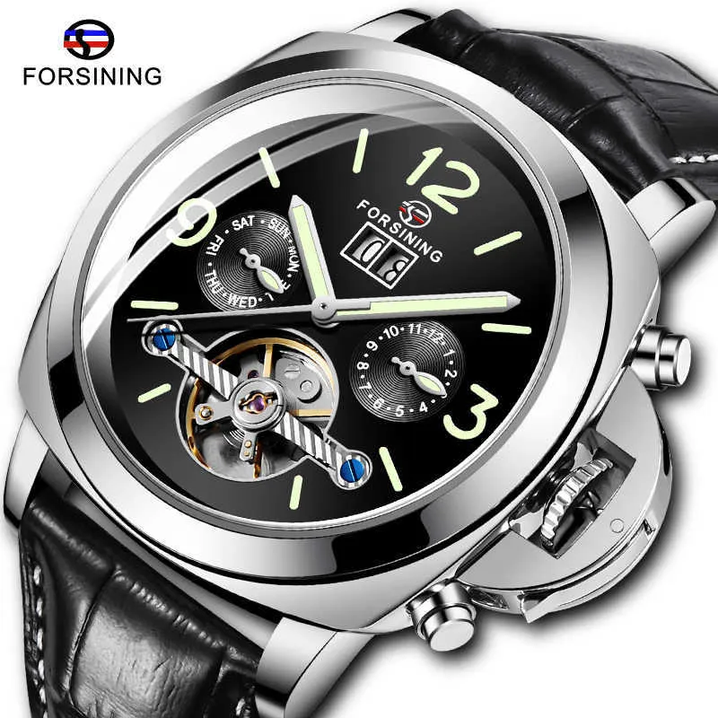 Hoge Kwaliteit Monsterende Mannen Automatische Mechanische Horloge Lederen Band Week Datum Display Lichtgevende Handen Horloges Q0902