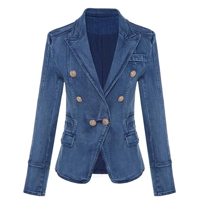 Högkvalitativ modedesigner Blazer Women's Metal Lion Knappar Dubbelbröst Denim Blazer Jacket Outer Coat 211112