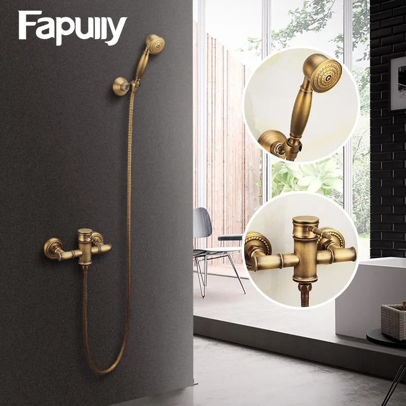 Fapully Stile antico Ottone Rame Rotondo Doccetta Vasca da bagno Rubinetto Bagno di lusso Pioggia Soffione doccia a parete HS127