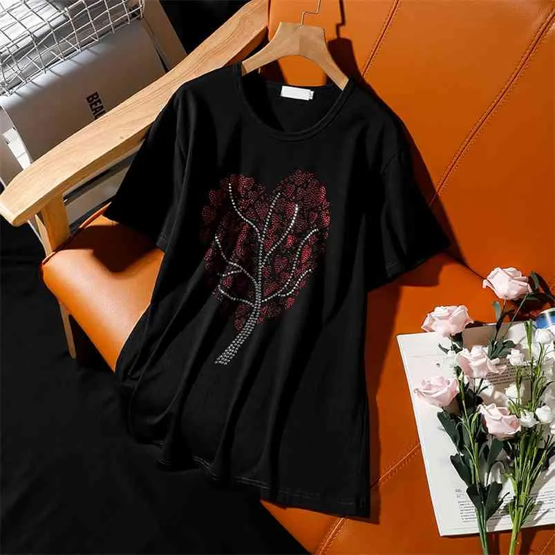 Gevşek Artı Boyutu Siyah T-Shirt Kadın Yaz Matkap Vahşi Moda Elmaslar Baskı Yaprak Desen Kısa Kollu Tees 210623