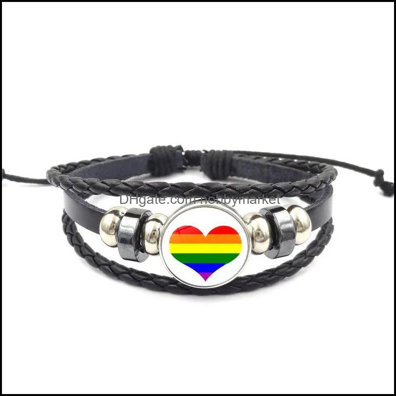 Gay and Lesbian Sign bracelet 18mm Ginger Snap Button Rainbow cabochons Glass charm Braided leather rope bracelet For women Men Jewelry