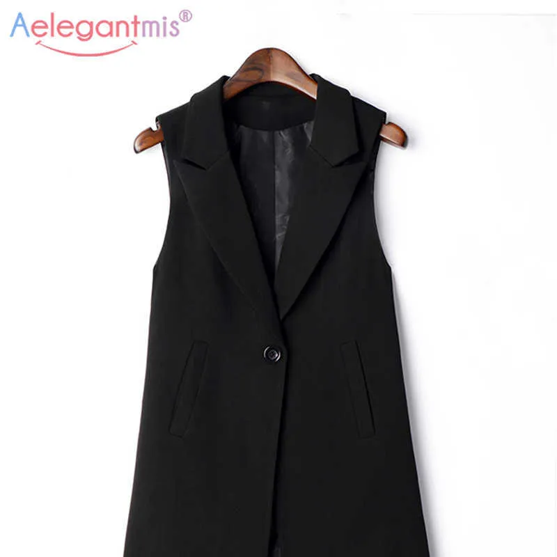 Aelegantmis Casual Black Vest Vrouwen Elegant Pak Lente Herfst Mouwloze Jassen Bovenkleding Kantoor Lady Slim Vaint Coat Plus Size 210607