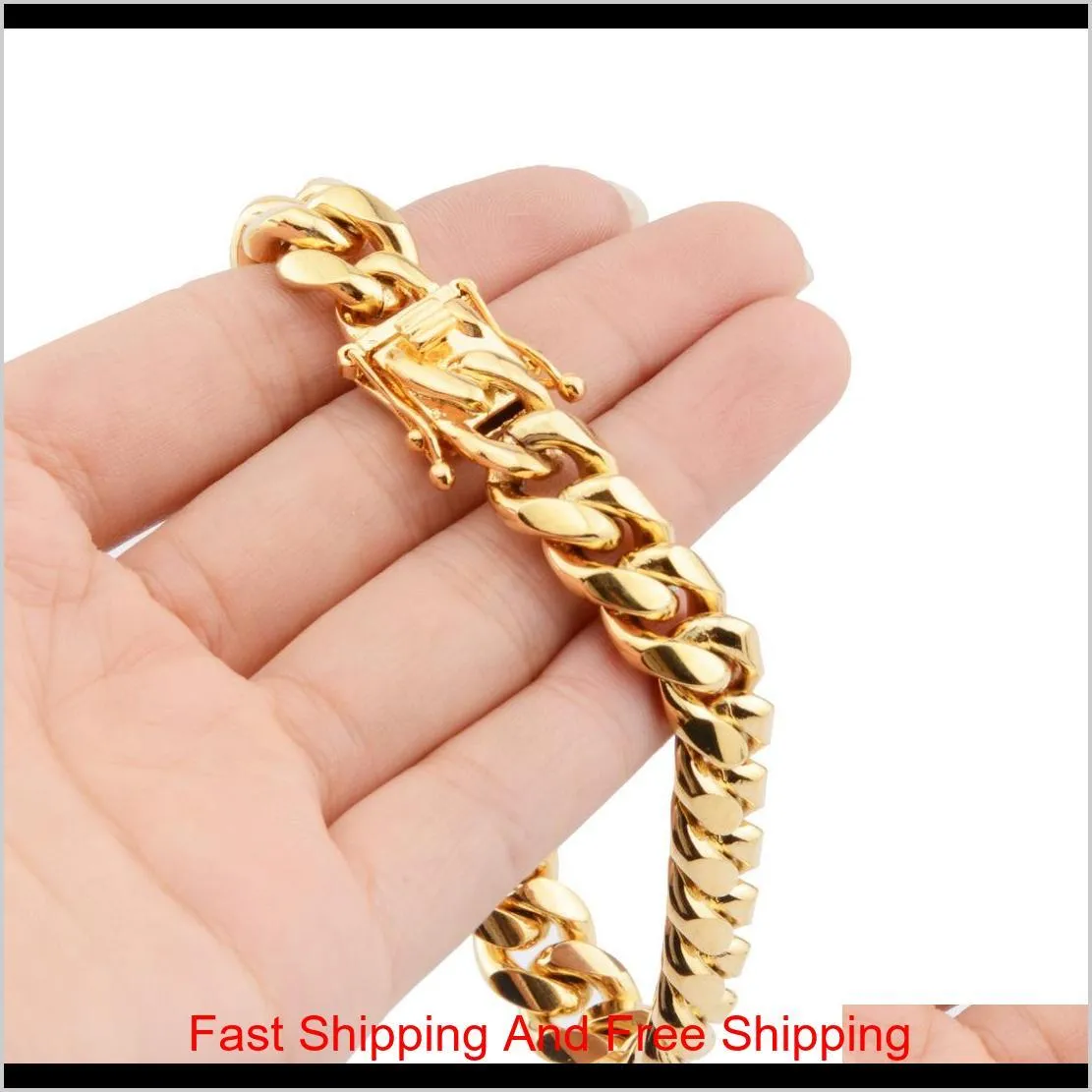 8mm/10mm/12mm/14mm/16mm/18mm stainless steel bracelets 18k gold plated high polished miami cuban link men punk curb chain butterfly