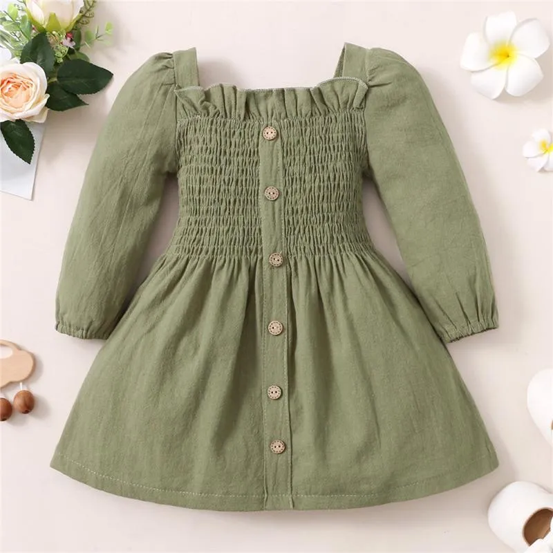Kid Girl Ruffled Button Design Solid Color Long-sleeve Dress