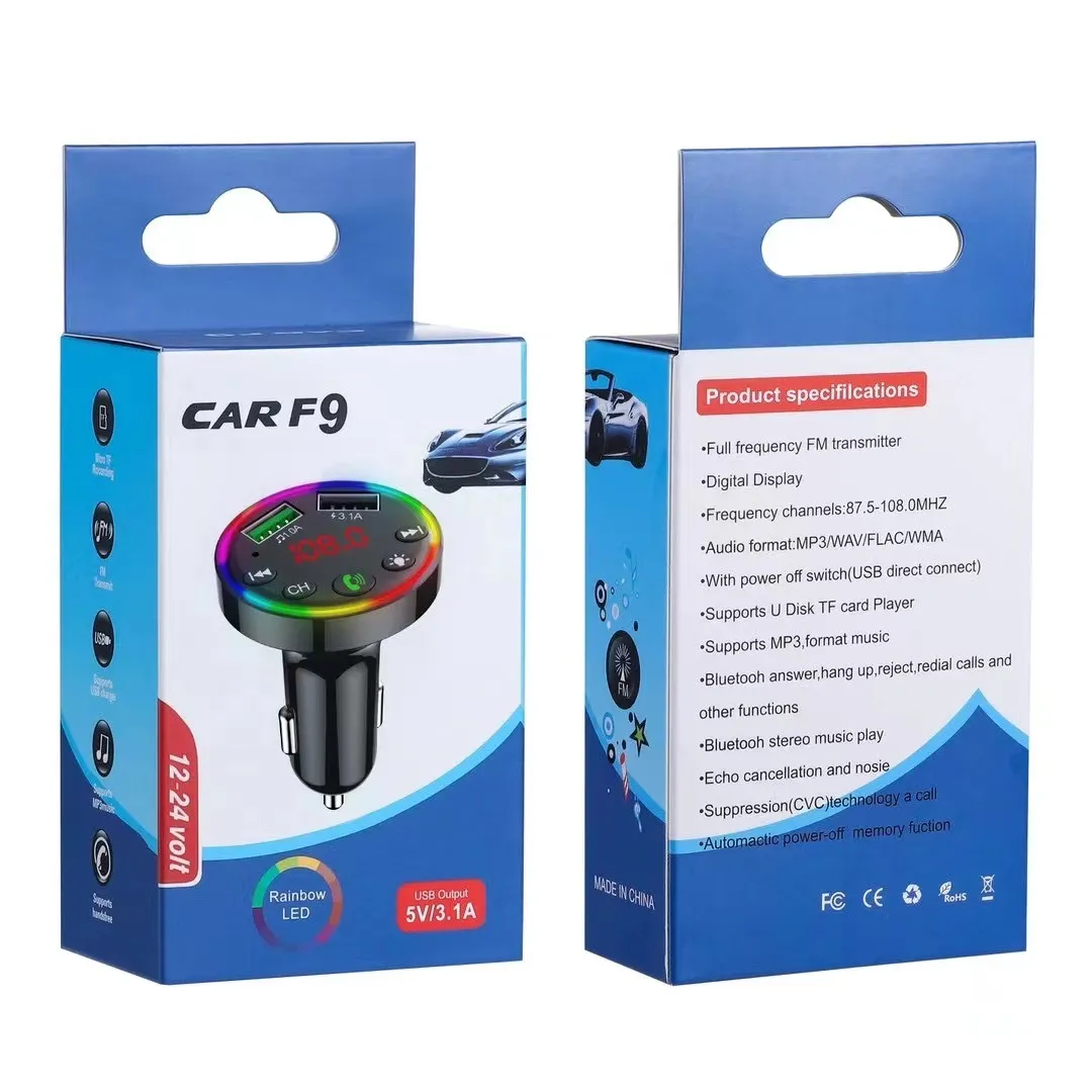 Carte Bluetooth 5,0 FM Kit de transmetteur F9 F10 Dual USB 3.1A PD Adaptateur de chargement audio réservé audio sans fil Lecteur MP3 MP3 sans fil avec ambiance colorée