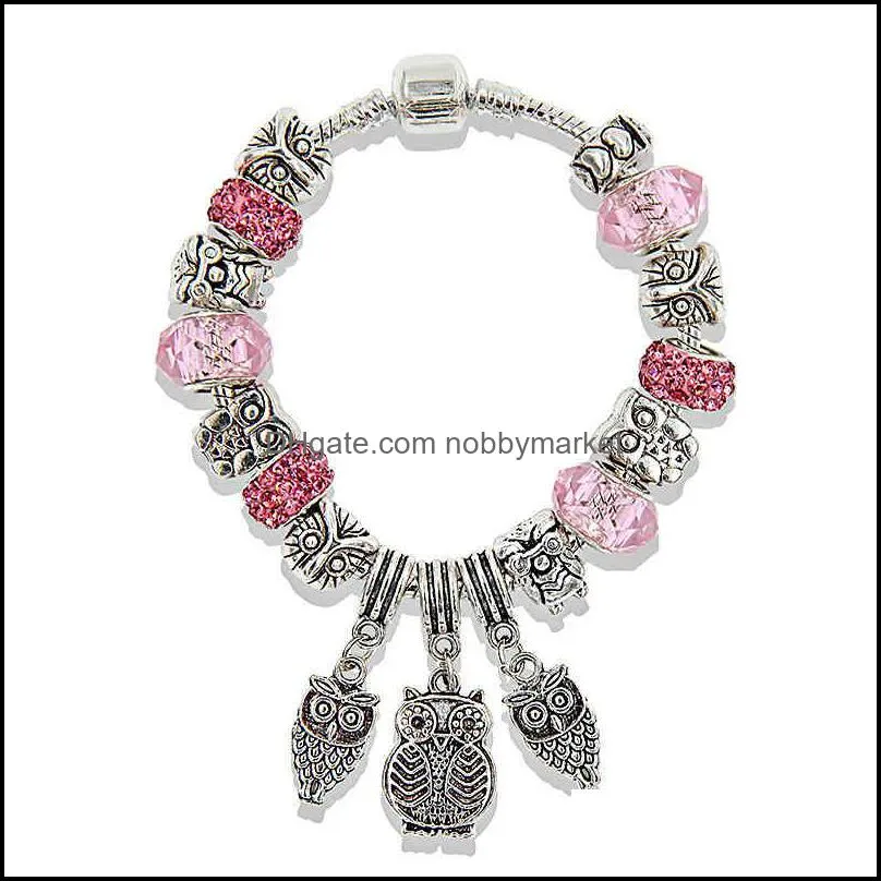 Owl animal Bracelet thousand sided large hole Crystal Beaded DIY ancient silver Classic women`s