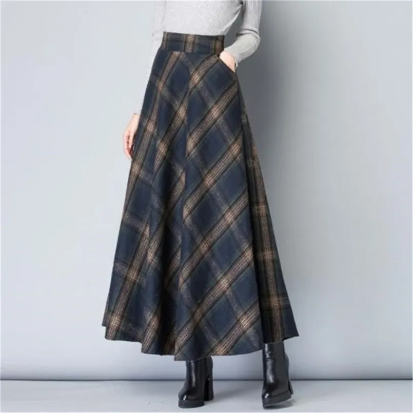 Mom High Waist Woolen plaid Skirts Autumn Winter Women's Plus Size Wool Maxi Female Fashion Casual Long Streetwear 210706