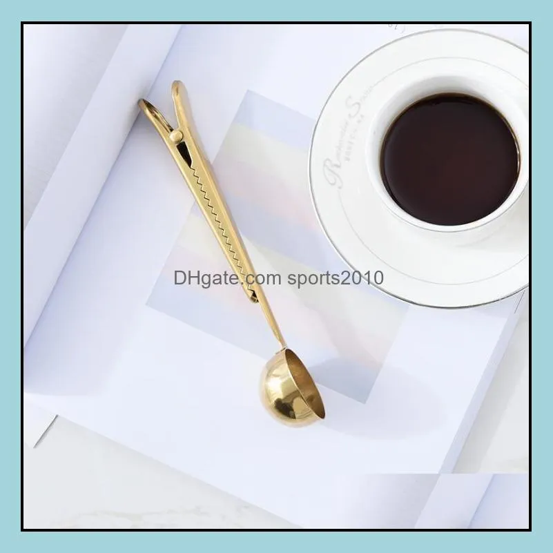 Gold Stainless Steel Coffee Scoop Multi-functional Bag Sealing Clip Ground Coffee Spoon Drinkware Tools free shipping LX1563
