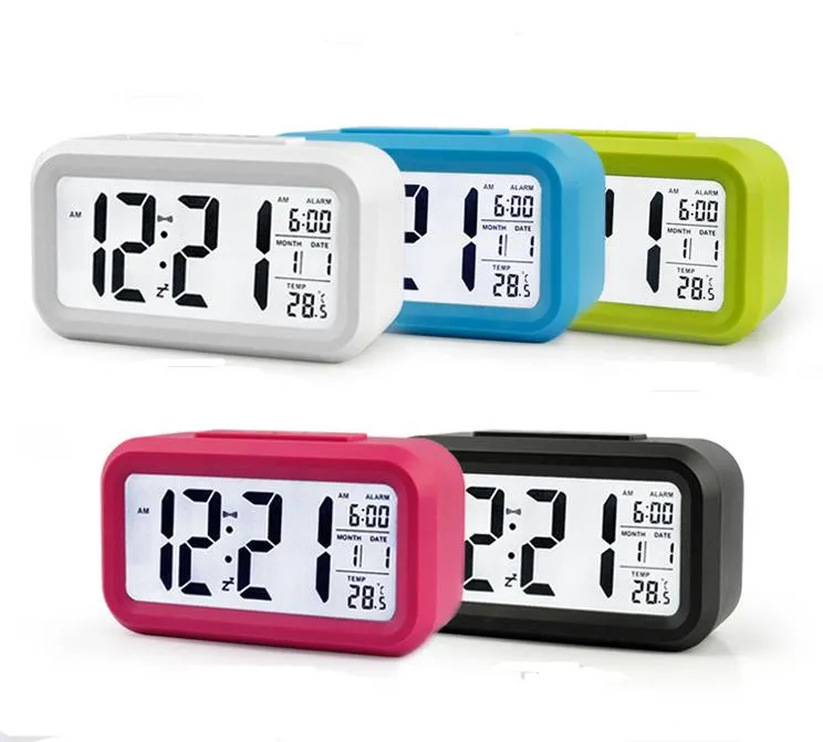 Plastic Mute Alarm Clock LCD Smart Temperature Cute Photosensitive Bedside Digital Alarms Clocks Snooze Nightlight Calendar SN4072