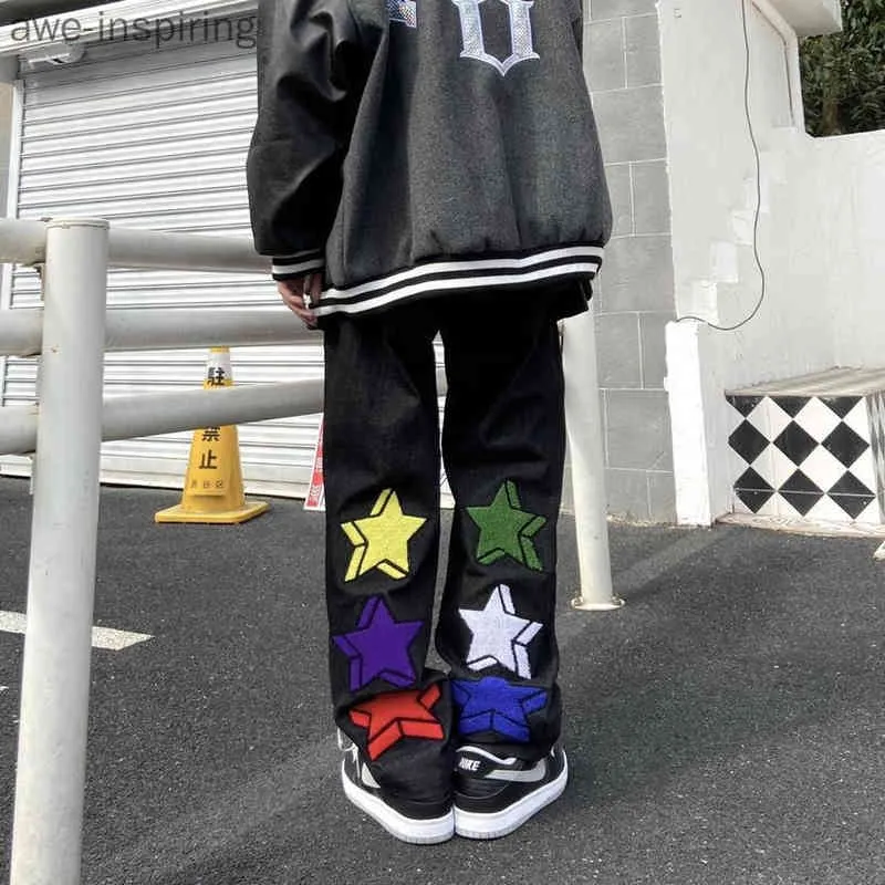 Awe-inspiring Five-pointed Star Print Pants Wild Letter Street Hip-hop Loose Straight-leg Casual Jeans Cool Personality