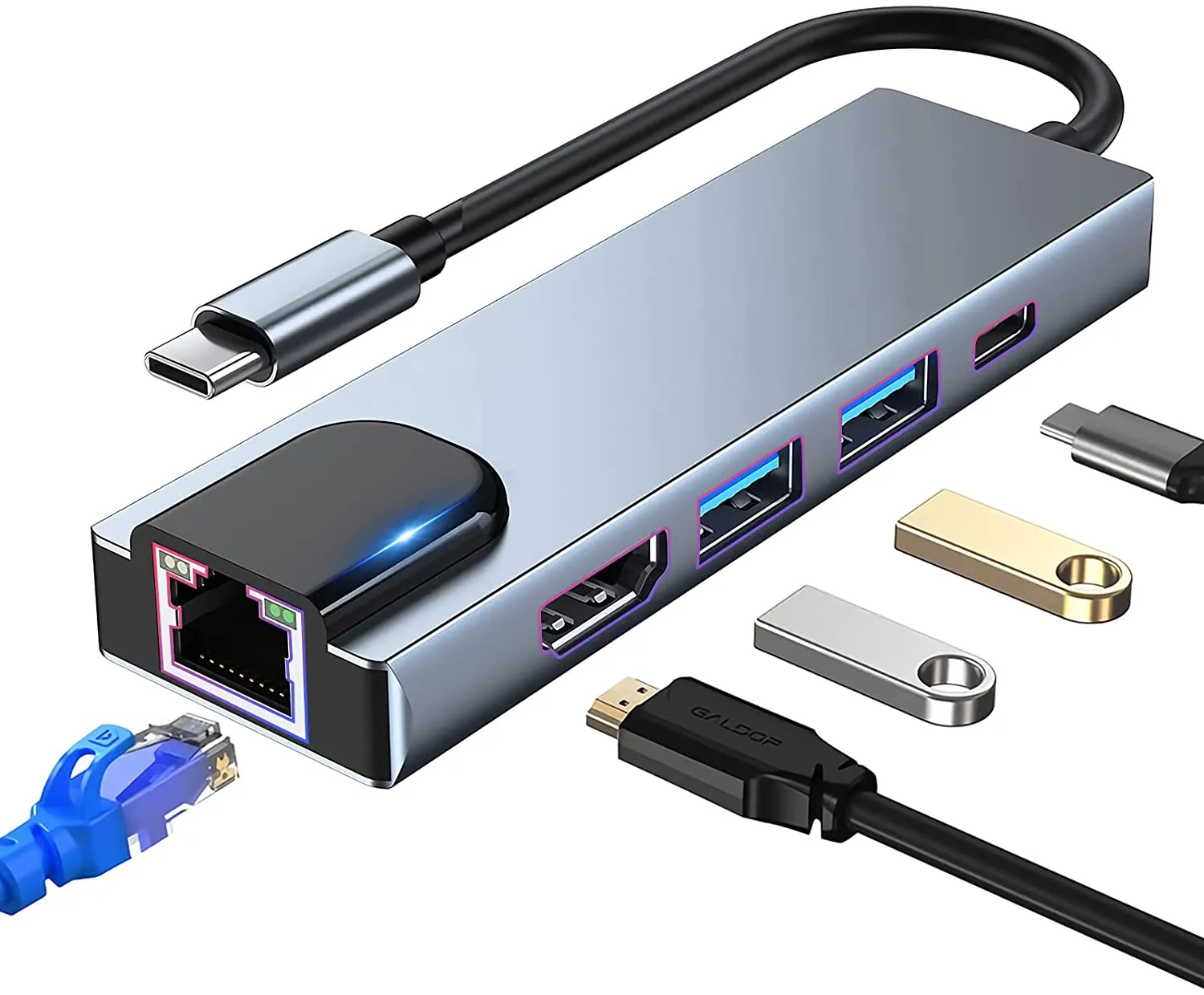 5 في 1 محطة إرساء محول محول متعددة USB C مع 4K HDMI، RJ45 Ethernet، 100W PD، متوافق مع MacBook Pro / Air، iPad Pro / Mini 6 / Surface Pro