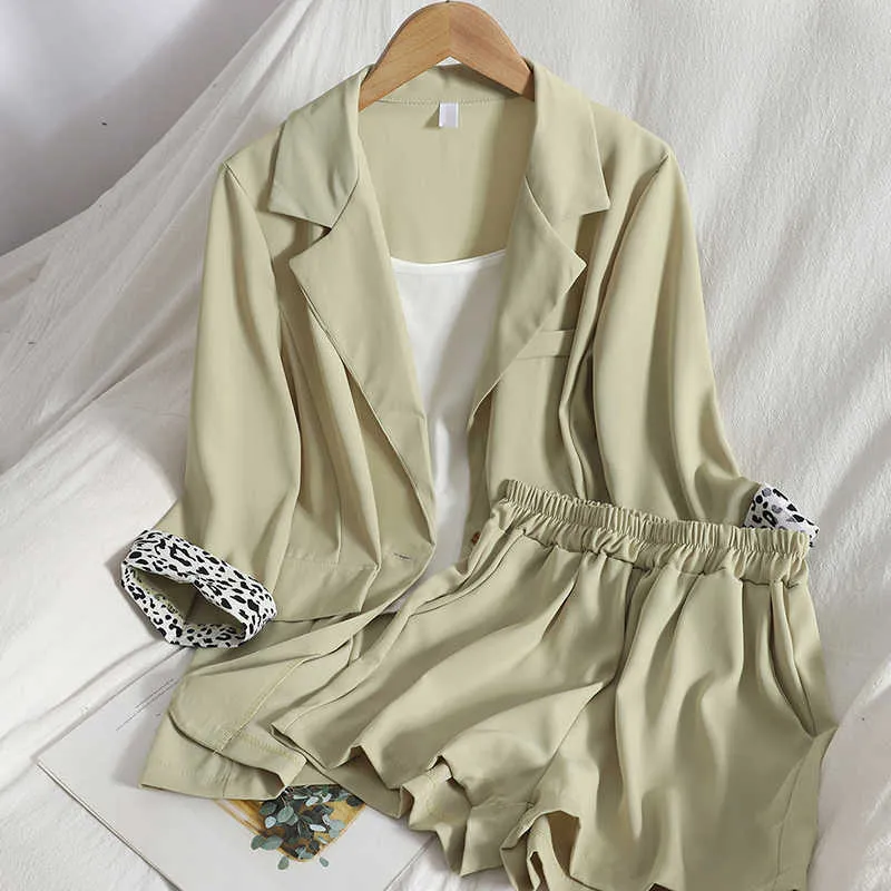 Deat zomer mode casual luipaard print roll mouw cardigan jas + dunne wijde been shorts met tweedelige set SK049 210709