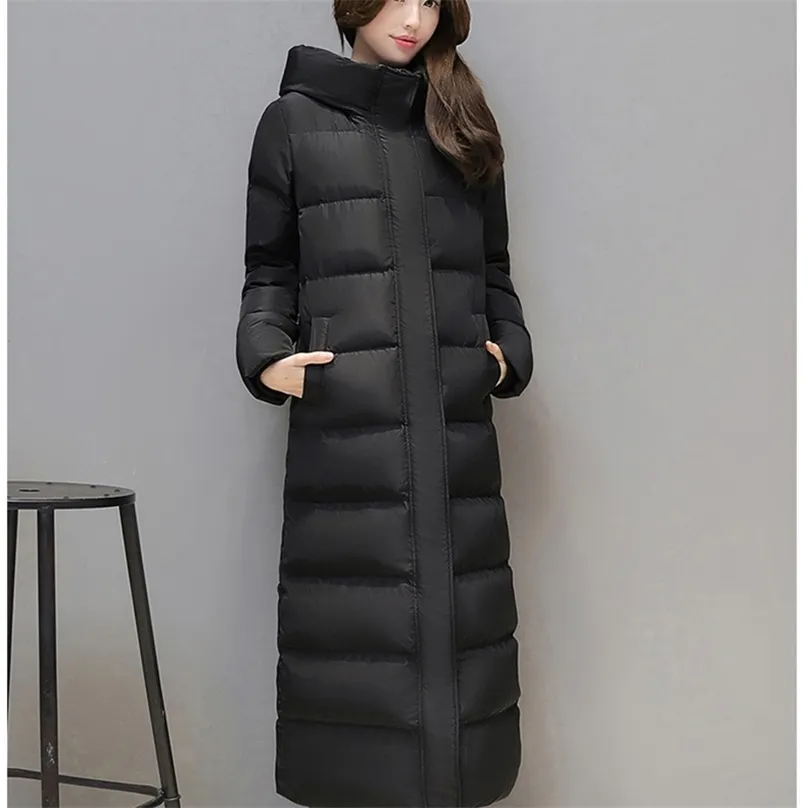 Women's super long down jacket winter puffer Thick coat Black Red Hooded zipper Keep warm plus size 211216