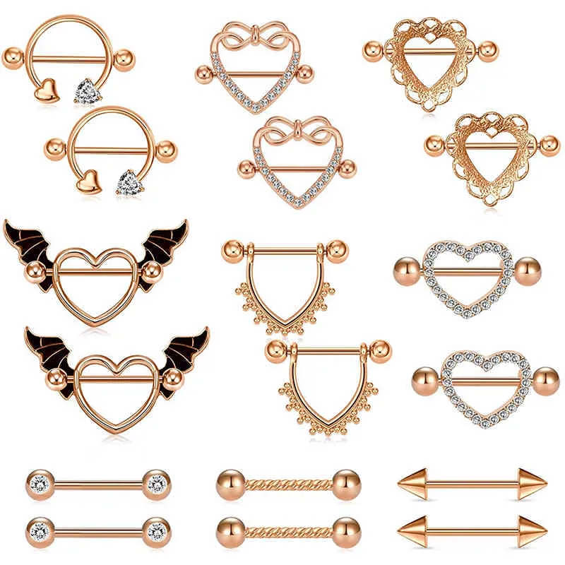 Set di anelli per piercing al capezzolo, gioielli per il corpo, con bilanciere, CZ, a forma di cuore, per donne e ragazze