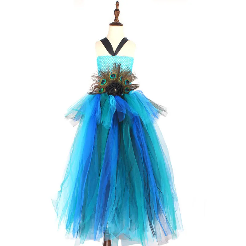 Elegant Peacock Feather Costume Girls Fluffy Layered Peacock Tutu Dress with Witch Hat Kids Pageant Party Ball Gowns Dresses (5)