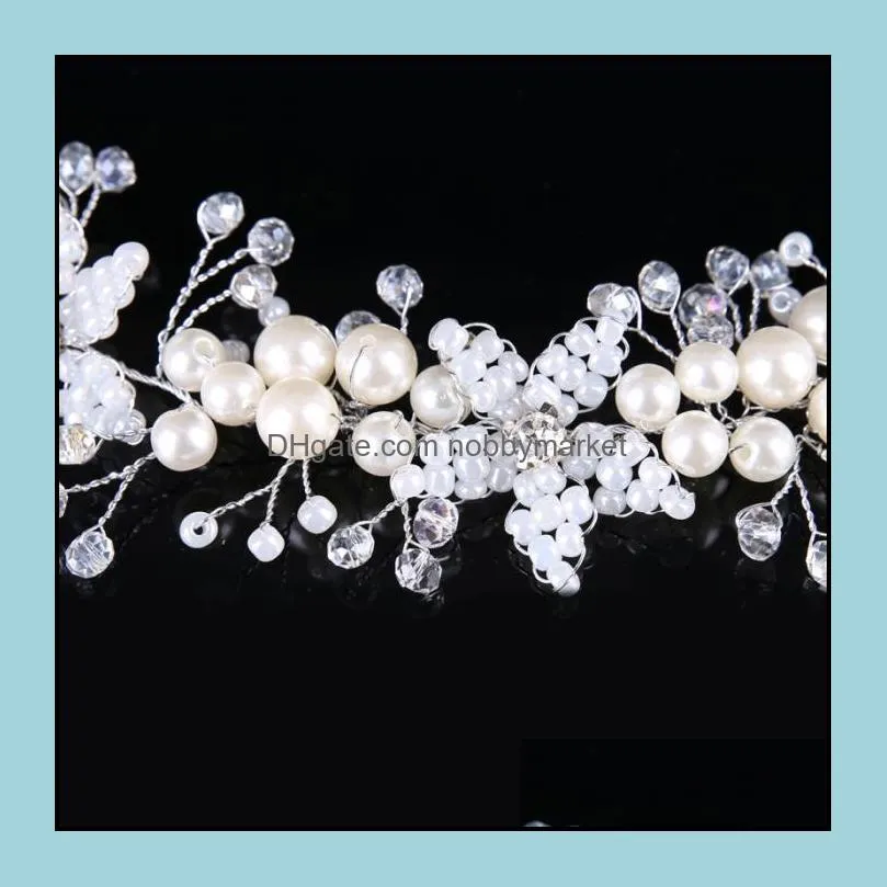 Silver Color Handmade Flower Headband Pearl Crystal Tiara Jewelry Bridal Headpiece Women Wedding Hair Accessories