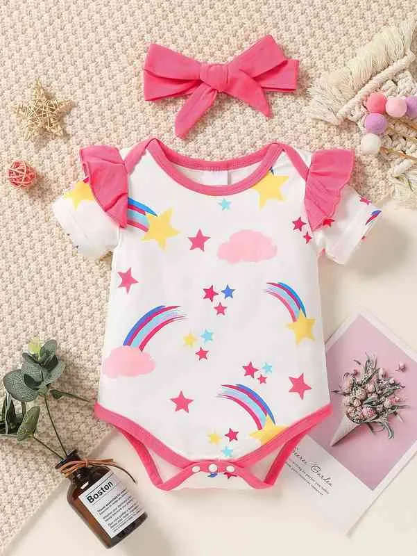 Baby Rainbow Star Print Binding Ruffle Trim Body avec bandeau SHE