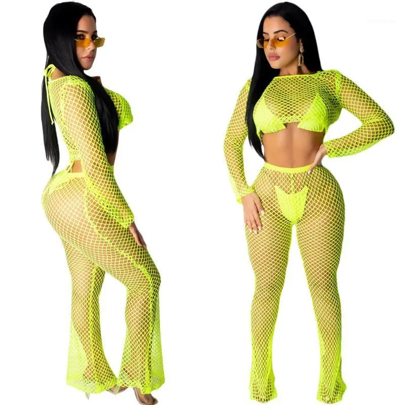 Neon Fishnet Mesh Sheer Two Piece Set Kvinnor Sommarkläder Baklösa Skörd Top och Pant Sexy 2 Pice Swim Beach Outfits Women's Tracksuits