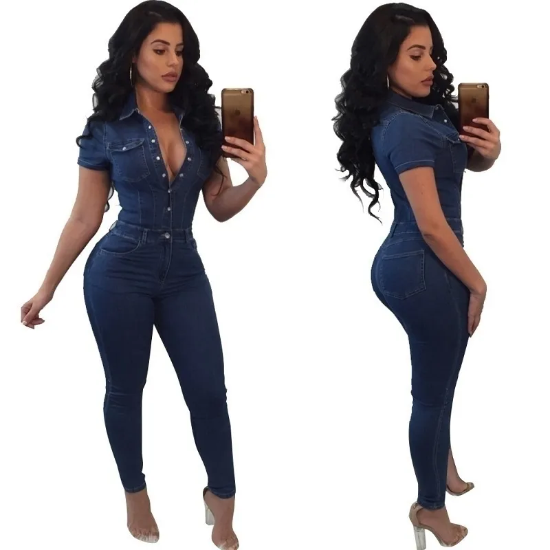 One Piece Jumpsuits for Women Plus Size Fashion Elegant Style Bodycon Rompers Kortärmad Overells Denim Jumpsuit T200509