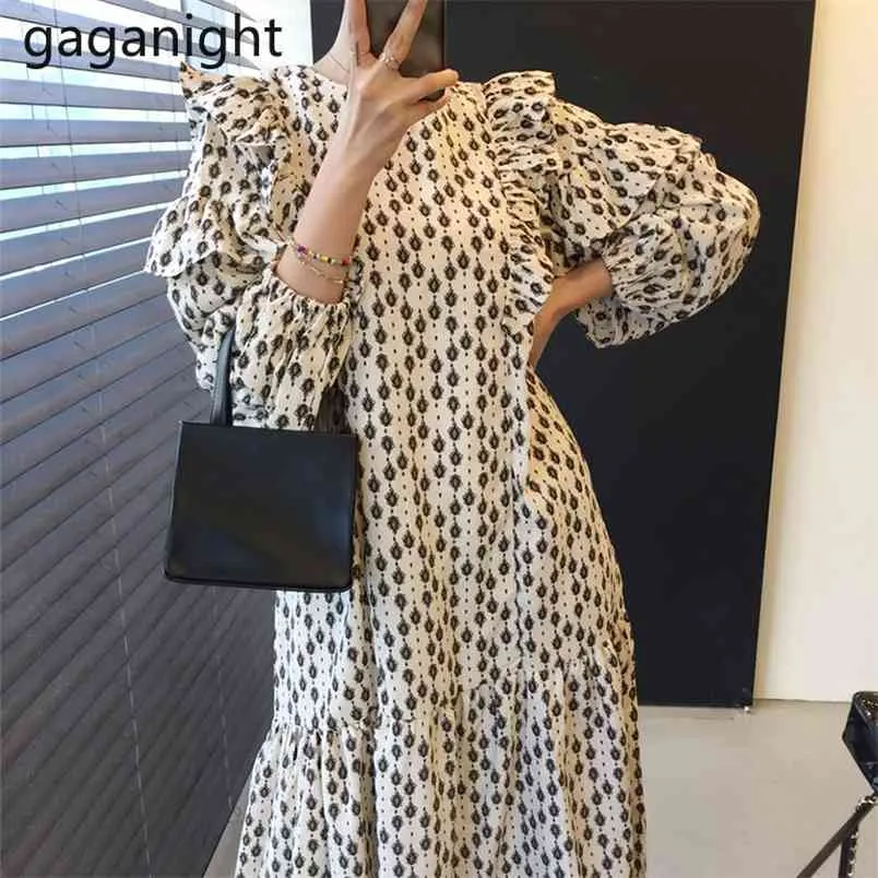 Casual Loose Women Ruffles Maxi Holiday Dress Long Sleeve O Neck Vintage OL Robe Spring Drop Vestidos 210601