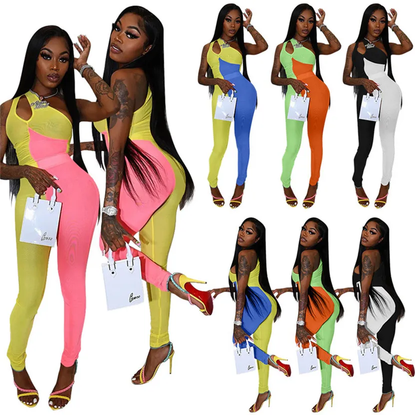 Automne Femmes Combinaisons Patchwork Skinny Bodys Sexy Une épaule Barboteuses Plus La Taille 2XL Jumper Costumes Bodycon Leggings évider salopette DHL 5561