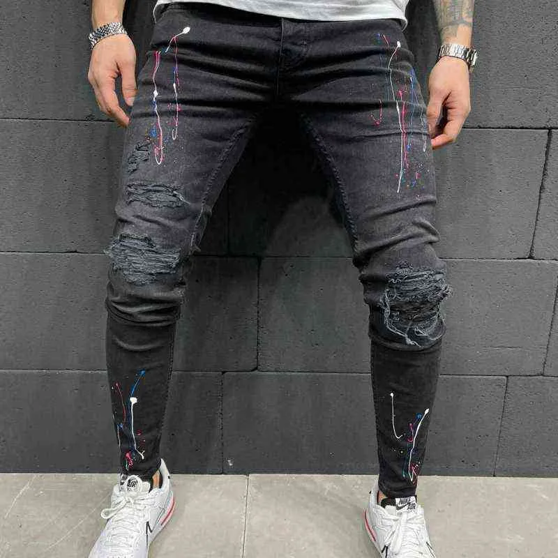 Uzun Kalem Pantolon Yırtık Kot Ince Bahar Delik Erkekler Moda Ince Skinny Jeans Erkek Hip-Hop Pantolon Giyim Giyim 2021 G0104