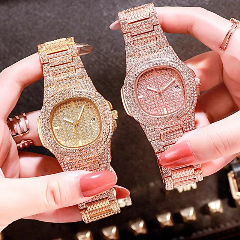 Luxus-Damenuhr mit Diamanten-Zifferblatt, vereist, quadratisch, Damen-Armbanduhr, Roségold, Silber, berühmte Damen-Armbanduhr, elegante, lässige Quarzuhr, Relogio feminino