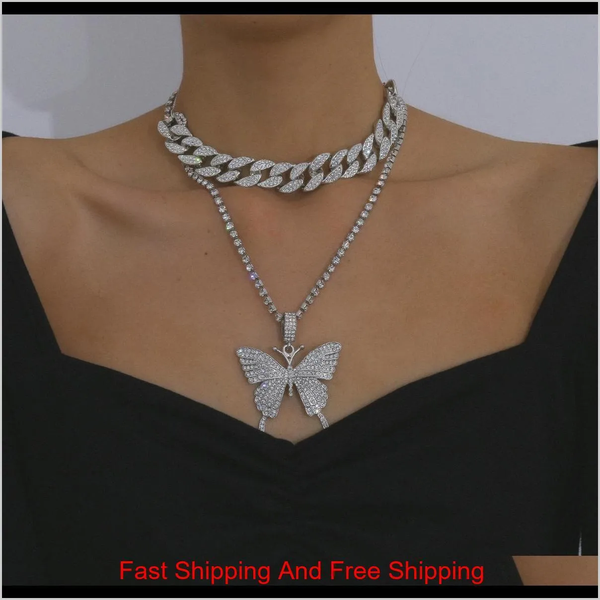 luxury women necklaces iced out cuban link chains butterfly pendant crystal rhinestone animal hip hop jewelry gold pink white k gun