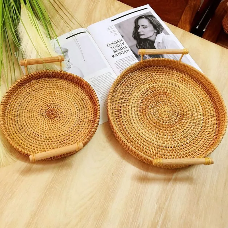 Kitchen Storage & Organization Handwoven Rattan Tray With Handle Round Wicker Basket Bread Food Plate