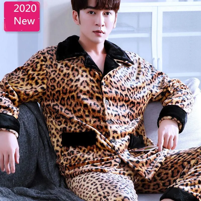 Men's Sleepwear Flannel Pajamas Warm Leopard Sexy Set Top Man Thick Winter Pajama 2Piece/Suit Long Shirt Pants Homewear